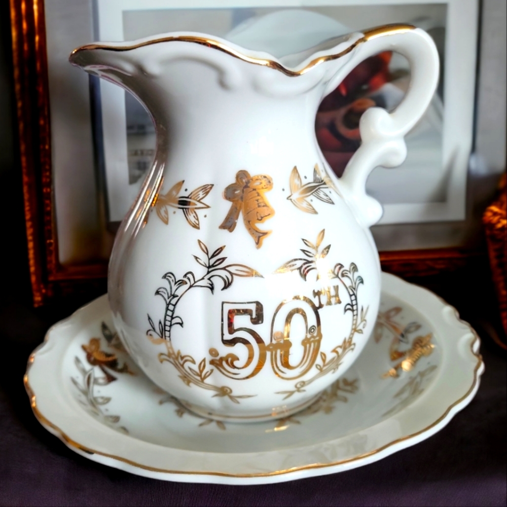 Vtg Lefton 50th Anniversary Pitcher & Bowl Porcelain Gold Trim 5991 Creamer